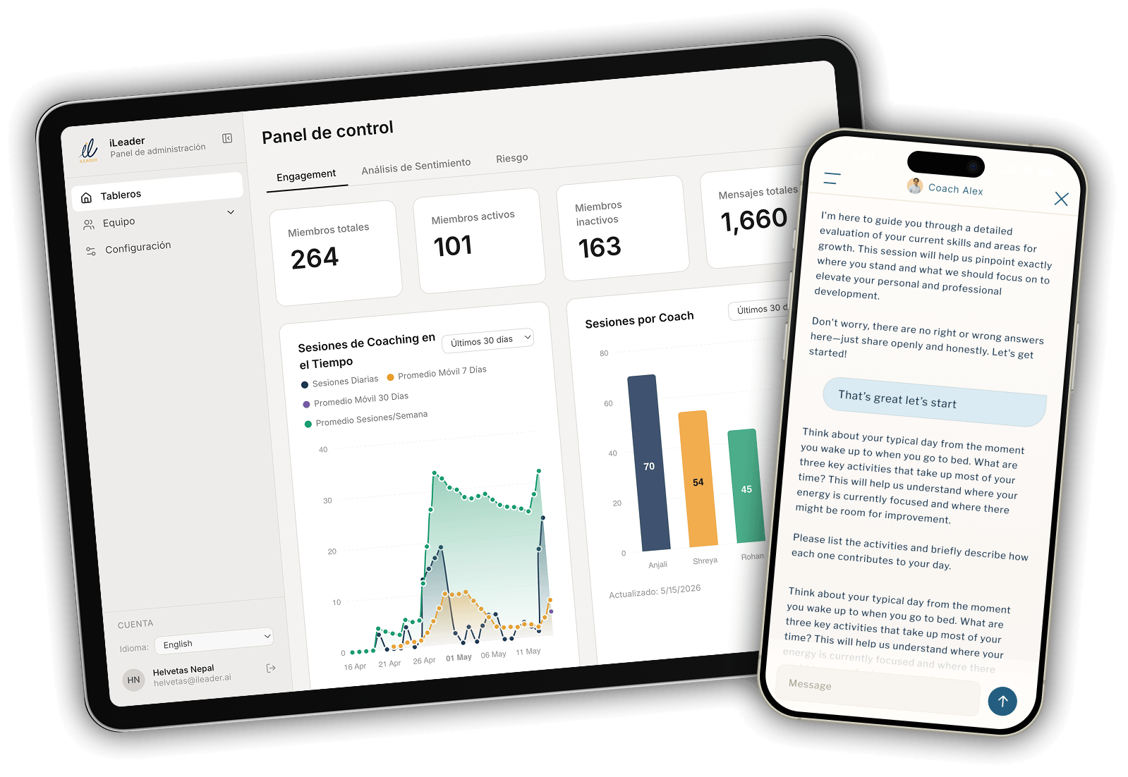 iLeader product preview: skills dashboard and coaching chat